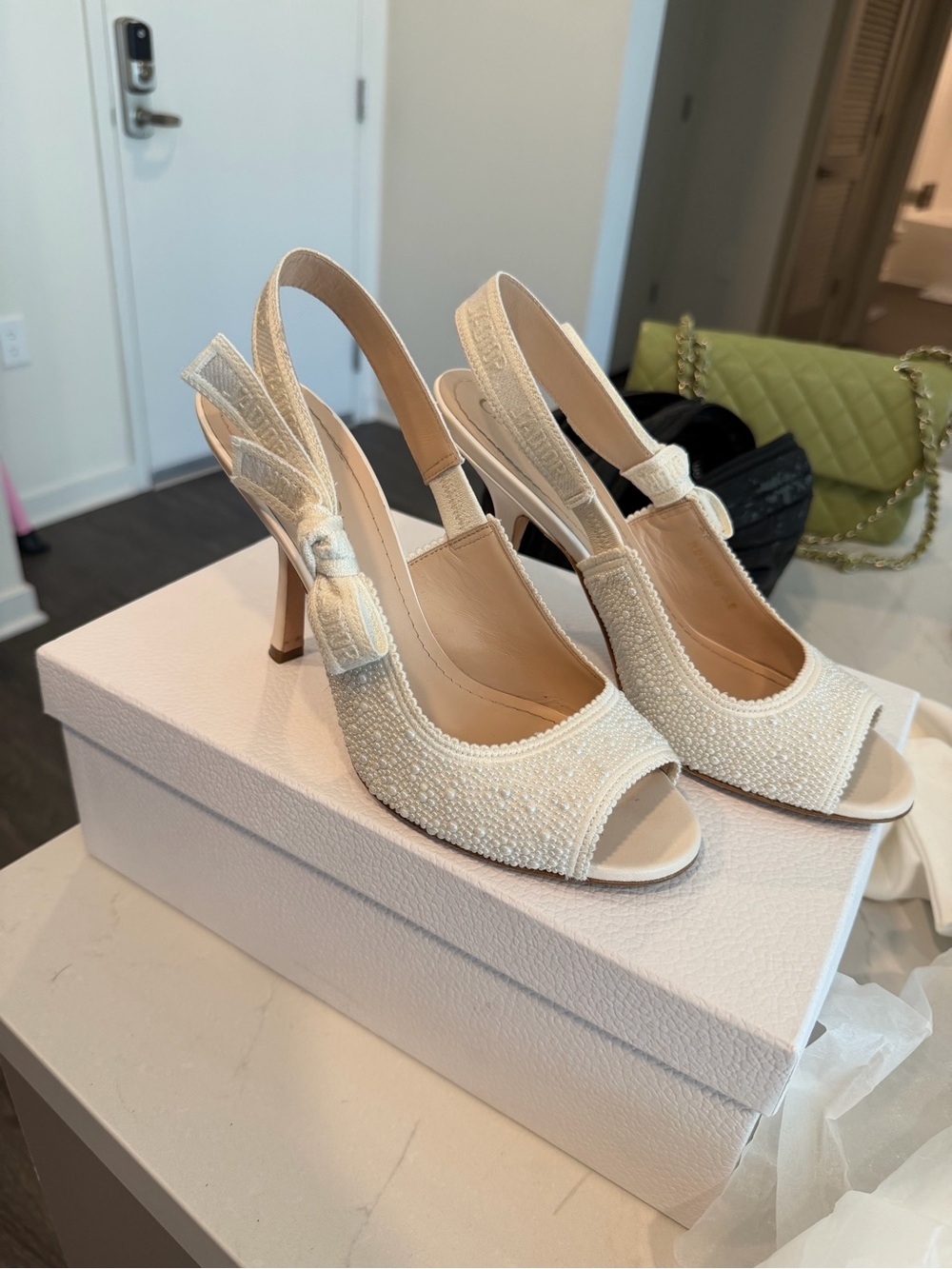 J'Adior Heeled Slingback Sandal
Embroidered Cotton and White Resin Pearls